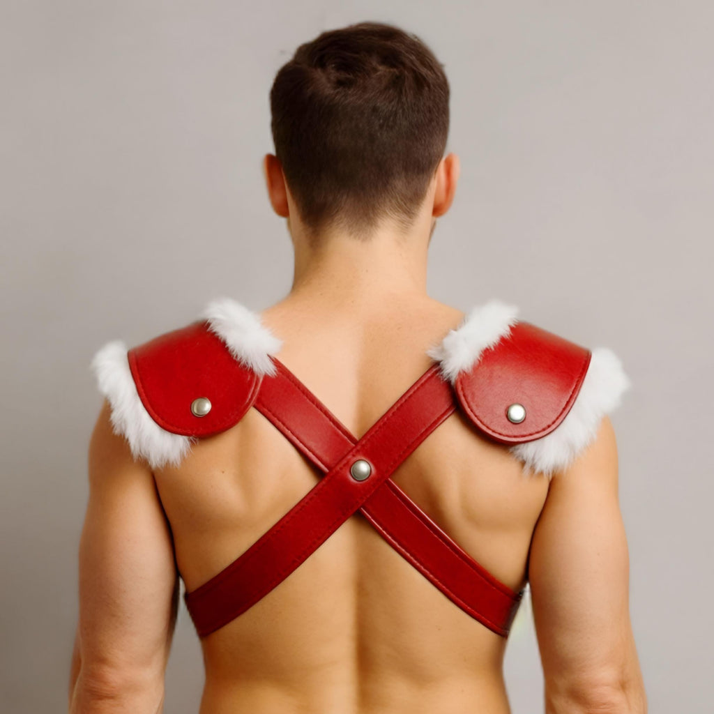 Red Leather Santa Harness and Shorts Set for Men Bold Holiday Costume Outfit