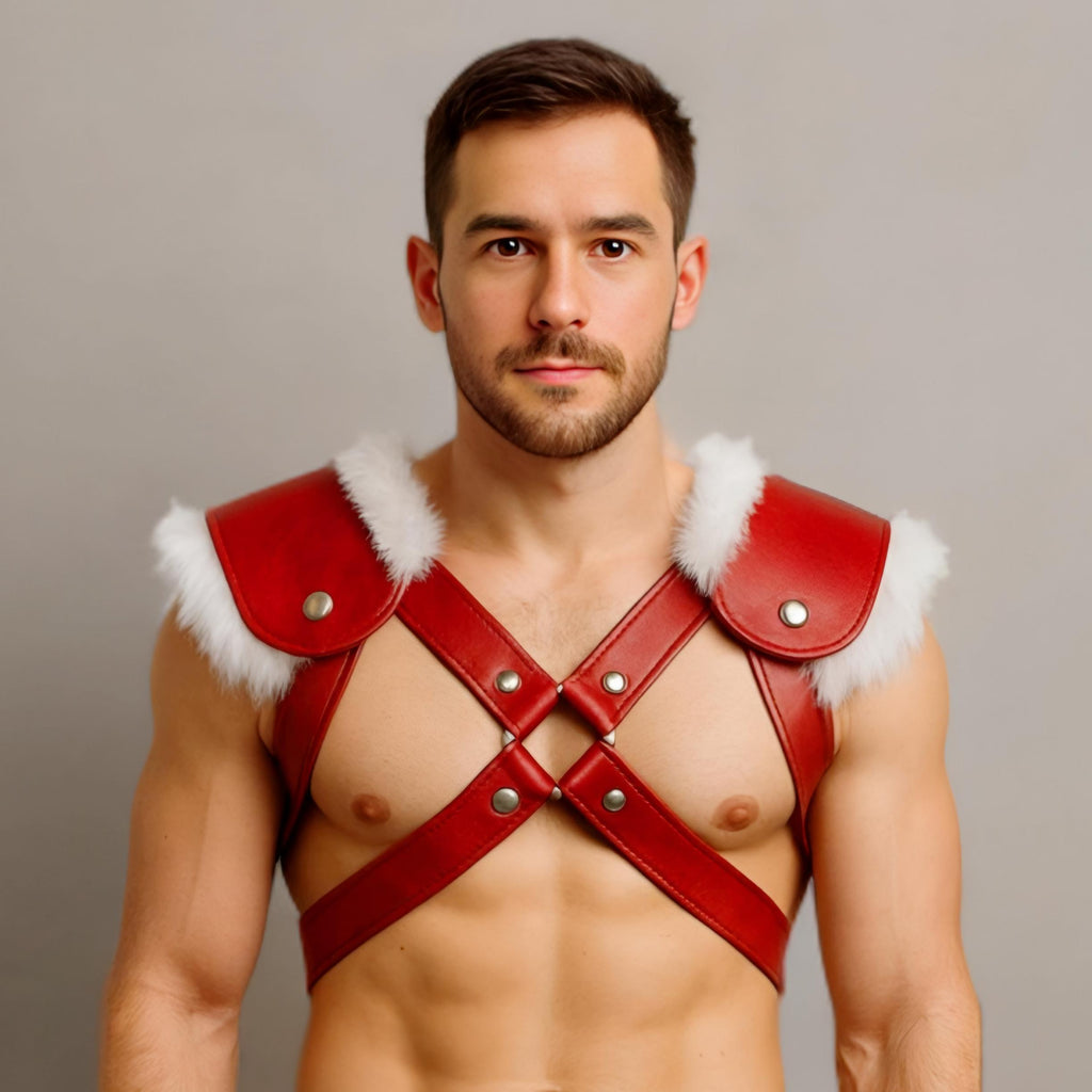 Red Leather Santa Harness and Shorts Set for Men Bold Holiday Costume Outfit