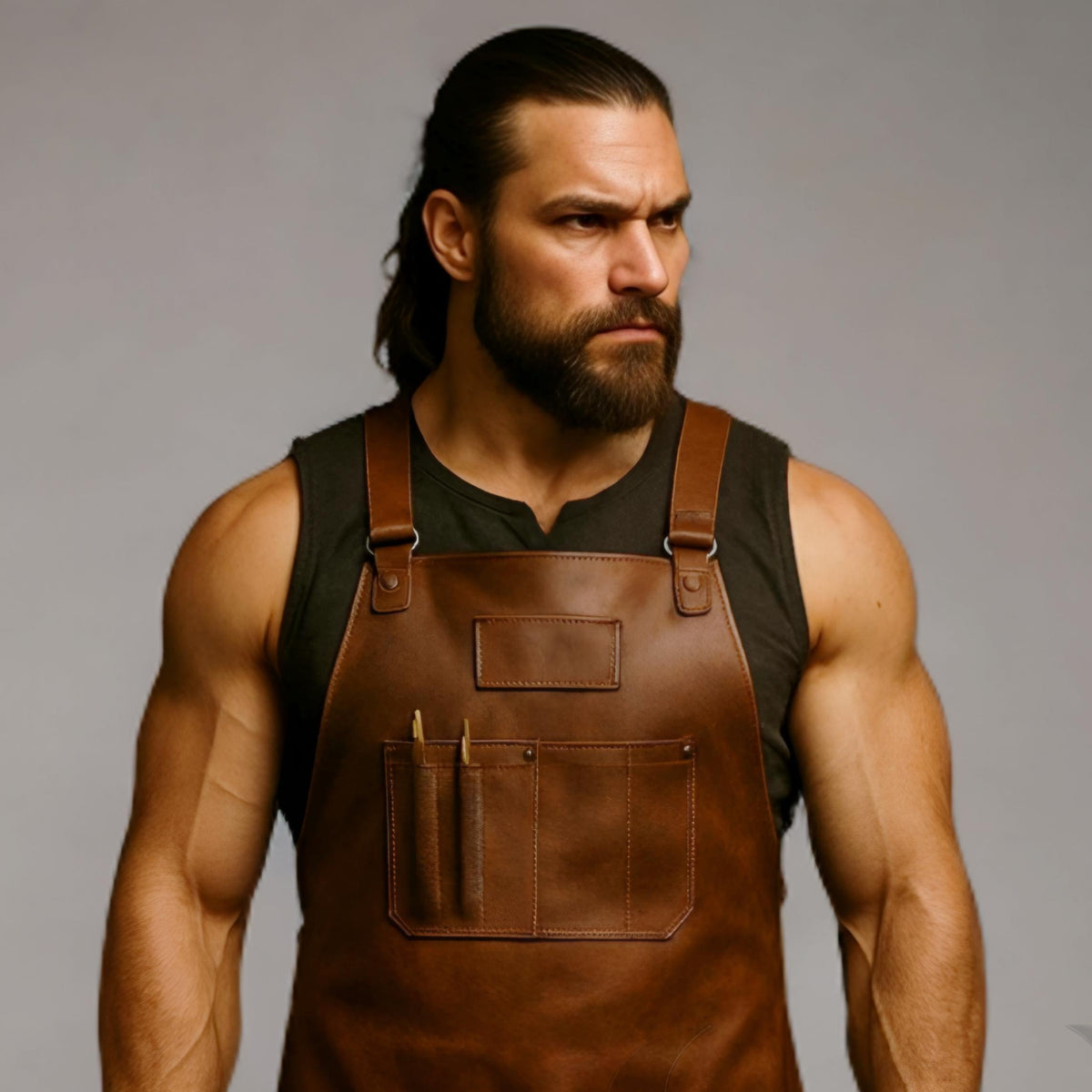 Handmade Brown Leather Apron Adjustable Heavy Duty Tool Apron for Chef Barista Workshop Durable