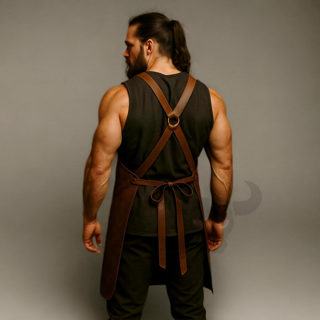 Handmade Brown Leather Apron Adjustable Heavy Duty Tool Apron for Chef Barista Workshop Durable