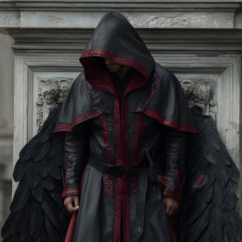 Genuine Leather Hooded Cloak Black Red Gothic Medieval Cosplay Cape Vampire Wizard Costume Men
