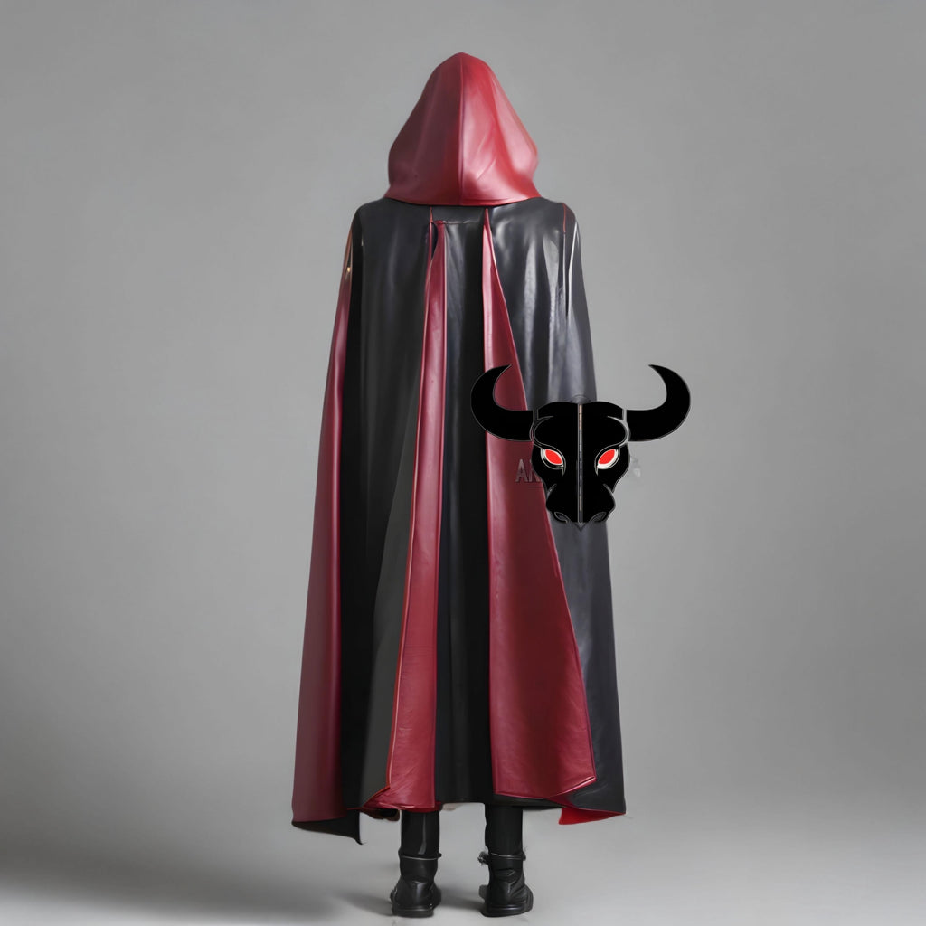 Genuine Leather Hooded Cloak Black Red Gothic Medieval Cosplay Cape Vampire Wizard Costume Men