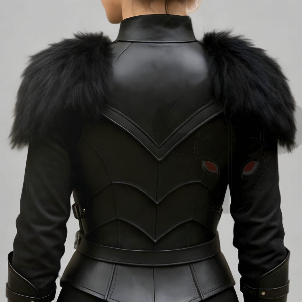 Black Leather Fantasy Warrior Armor Costume for Women Cosplay Chest piece with Fur Shoulders
