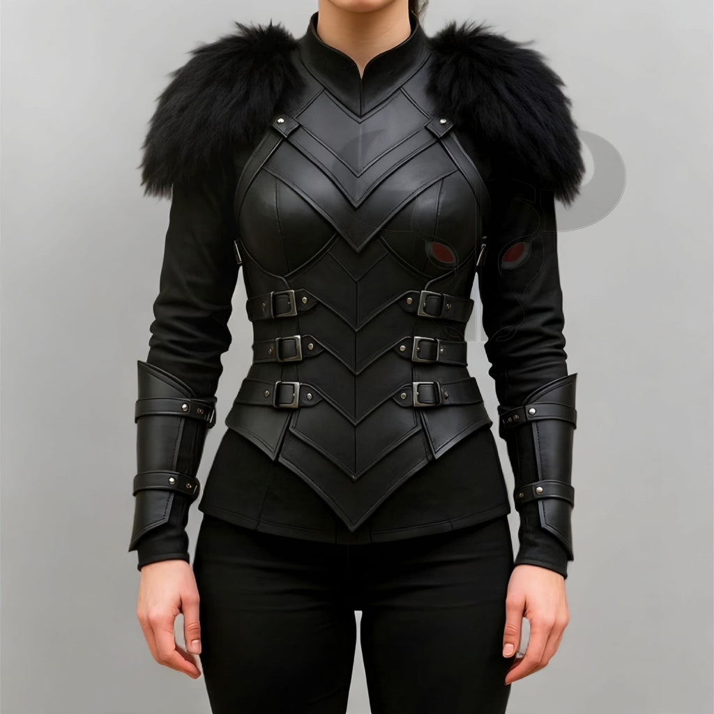 Black Leather Fantasy Warrior Armor Costume for Women Cosplay Chest piece with Fur Shoulders
