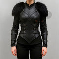 Black Leather Fantasy Warrior Armor Costume for Women Cosplay Chest piece with Fur Shoulders