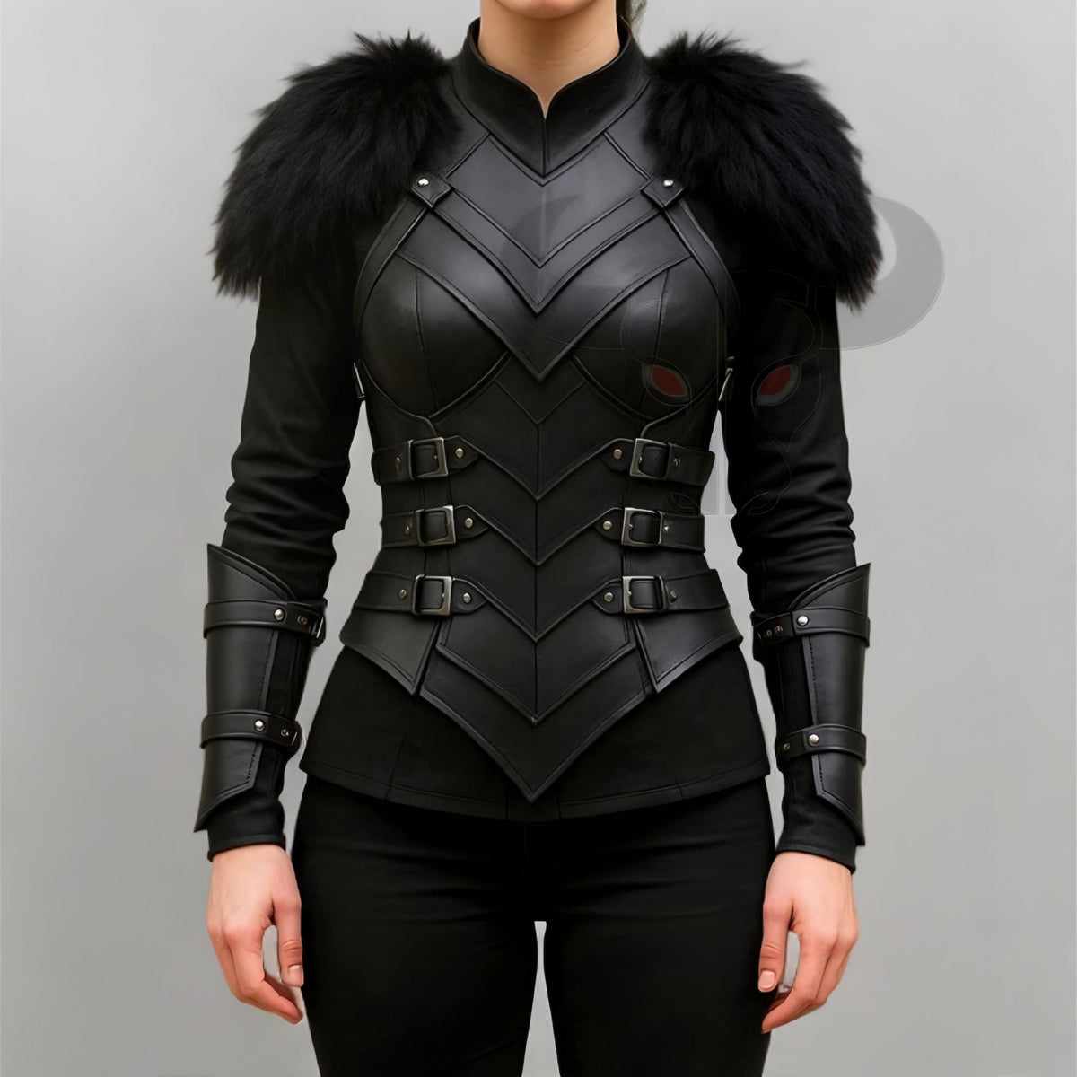 Black Leather Fantasy Warrior Armor Costume for Women Cosplay Chest piece with Fur Shoulders