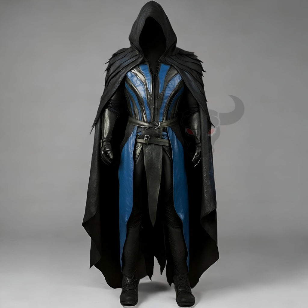Dark Fantasy Real Leather Warrior Costume | Black Hooded Cloak & Blue Chest Armor