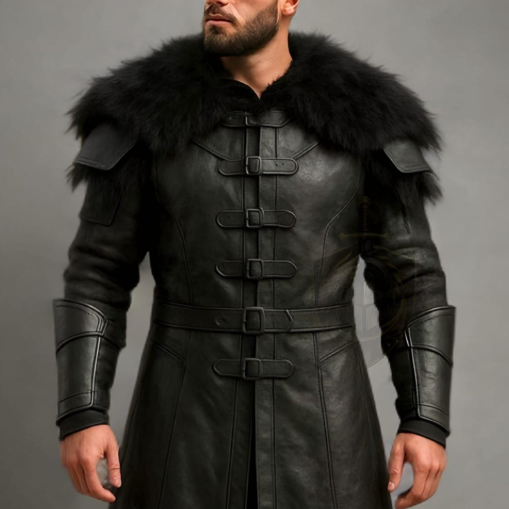 Medieval Black Leather Warrior Coat with Fur Collar | Viking Trench Armor Cosplay Costume