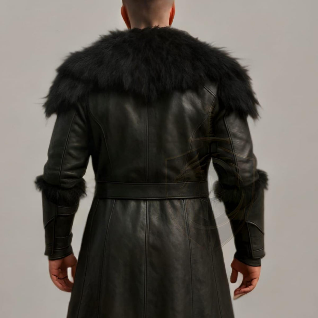 Medieval Black Leather Warrior Coat with Fur Collar | Viking Trench Armor Cosplay Costume