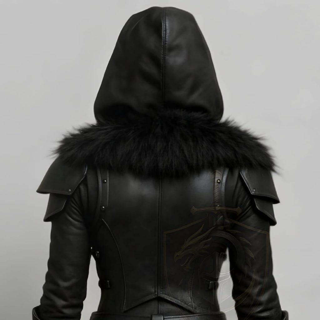 Black Hooded Leather Armor Jacket with Fur Trim Fantasy Cosplay Costume for Women