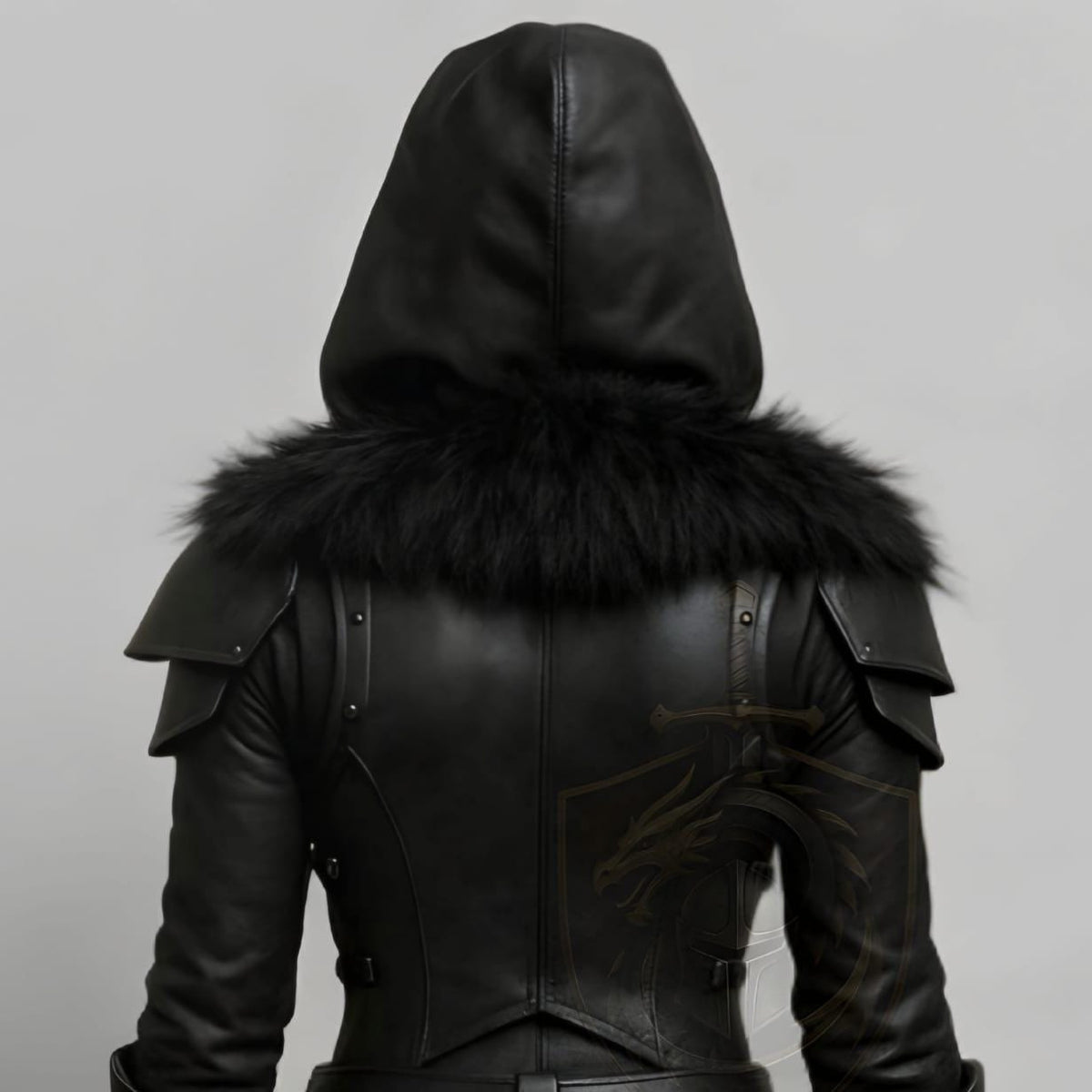 Black Hooded Leather Armor Jacket with Fur Trim Fantasy Cosplay Costume for Women