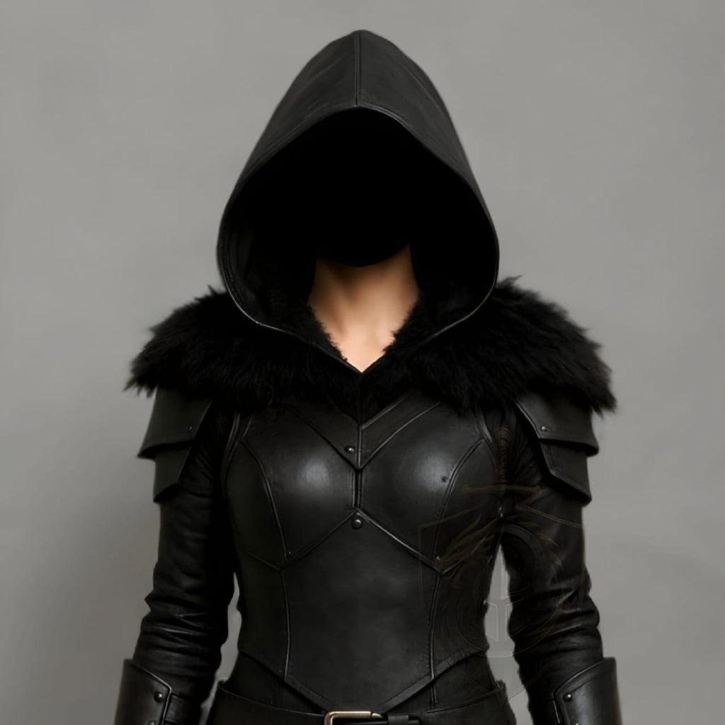 Black Hooded Leather Armor Jacket with Fur Trim Fantasy Cosplay Costume for Women