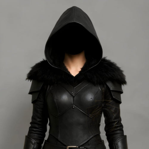 Black Hooded Leather Armor Jacket with Fur Trim Fantasy Cosplay Costume for Women