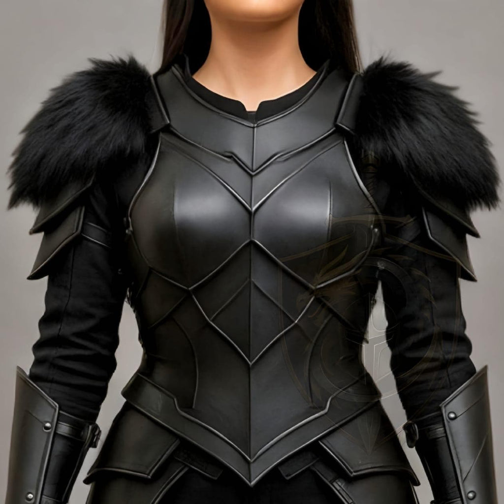 Black Fantasy Warrior Armor Costume for Women Medieval Cosplay Chest plate with Fur Shoulders
