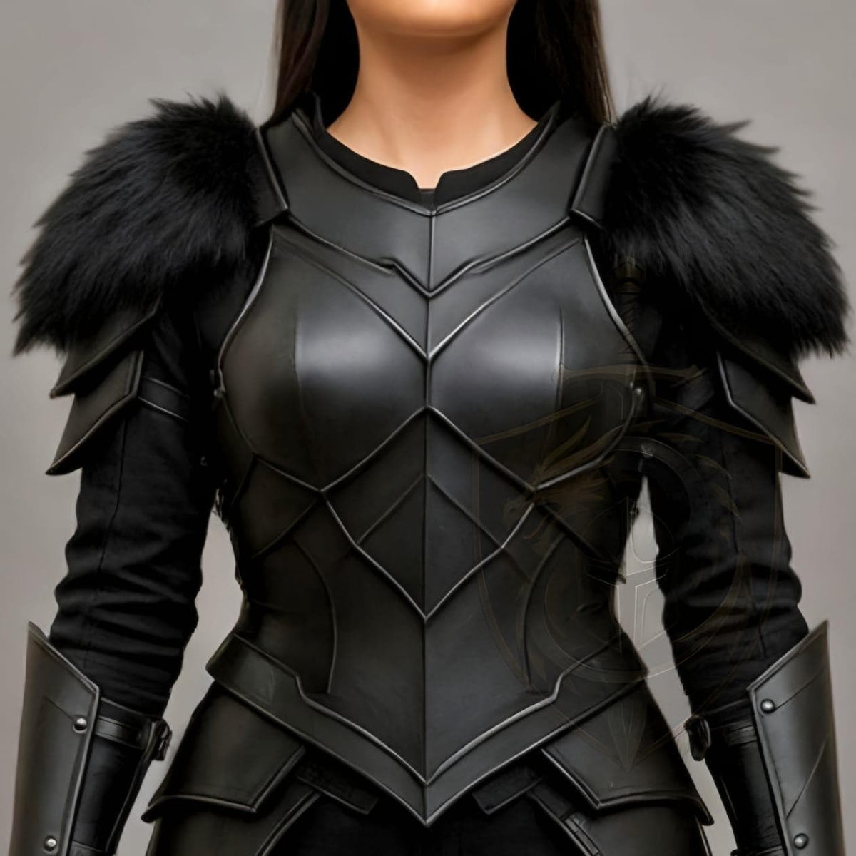 Black Fantasy Warrior Armor Costume for Women Medieval Cosplay Chest plate with Fur Shoulders