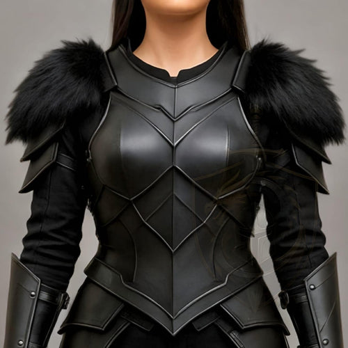 Black Fantasy Warrior Armor Costume for Women Medieval Cosplay Chest plate with Fur Shoulders