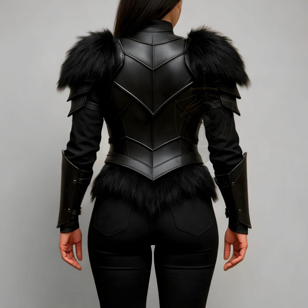 Black Fantasy Warrior Armor Costume for Women Medieval Cosplay Chest plate with Fur Shoulders