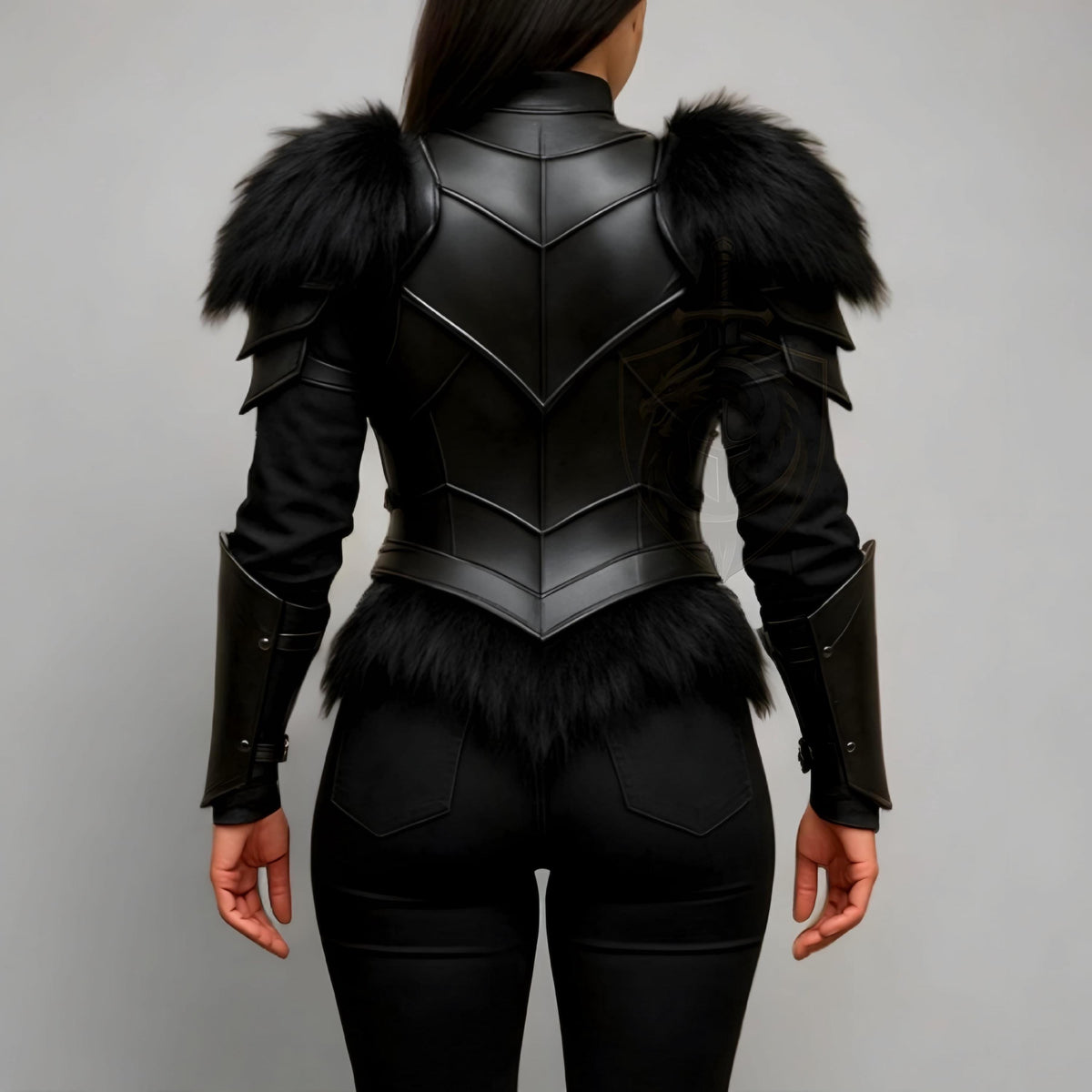 Black Fantasy Warrior Armor Costume for Women Medieval Cosplay Chest plate with Fur Shoulders