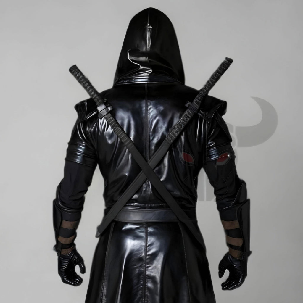 Black Leather Ninja Assassin Costume Hooded LARP Armor Samurai Warrior Cosplay Outfit Medieval