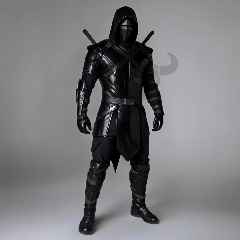 Black Leather Ninja Assassin Costume Hooded LARP Armor Samurai Warrior Cosplay Outfit Medieval