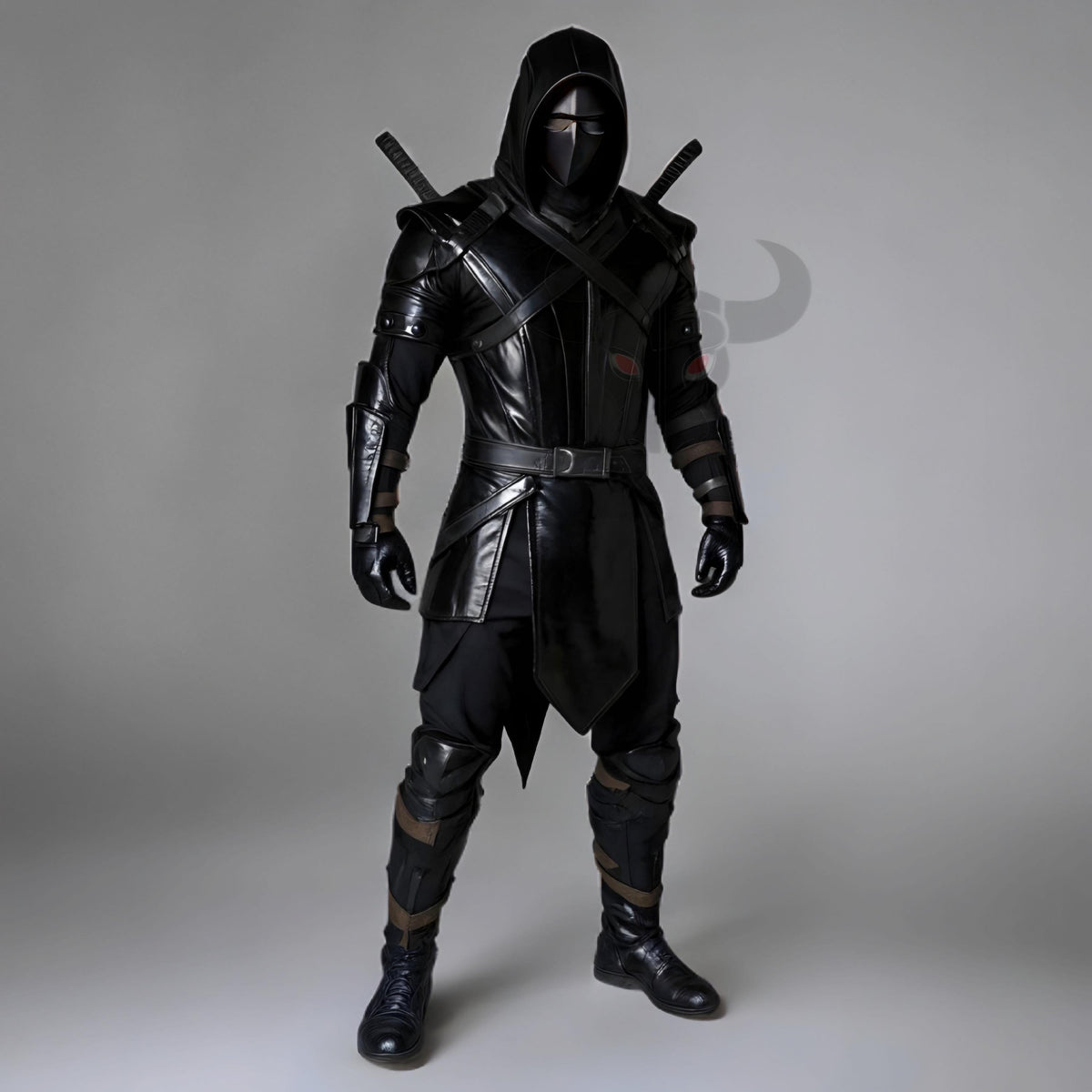 Black Leather Ninja Assassin Costume Hooded LARP Armor Samurai Warrior Cosplay Outfit Medieval