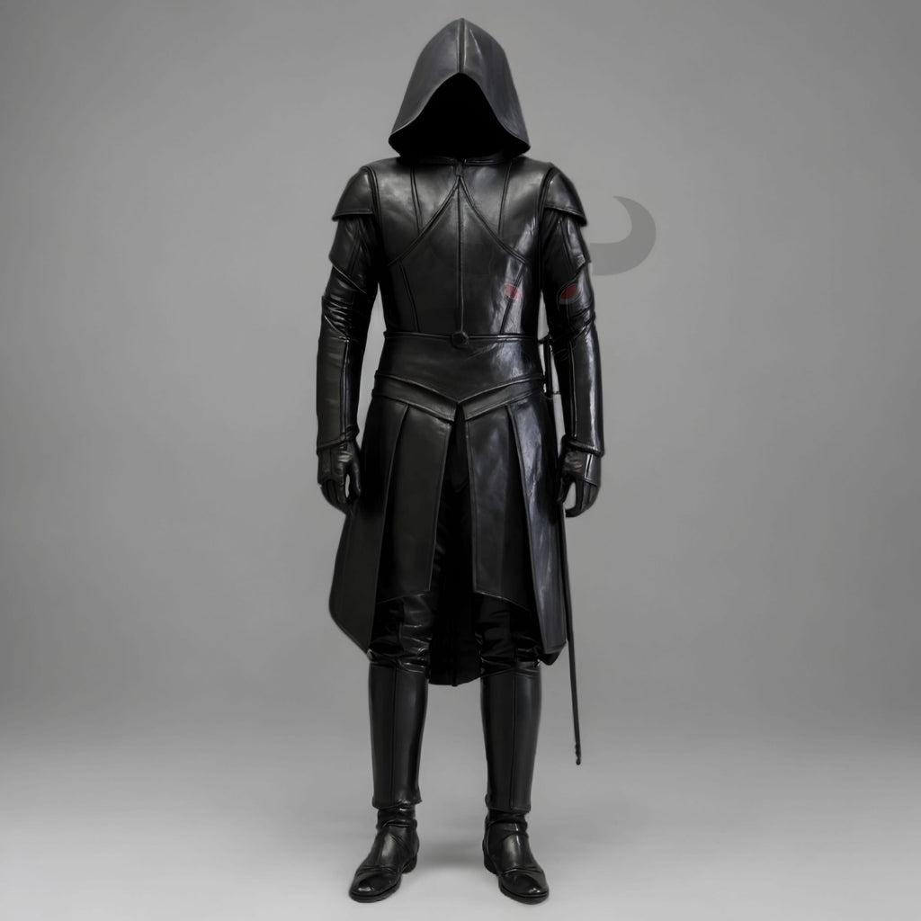 Men's Dark Knight Hooded Leather Armor Outfit for Cosplay, Costume, Medieval Fantasy