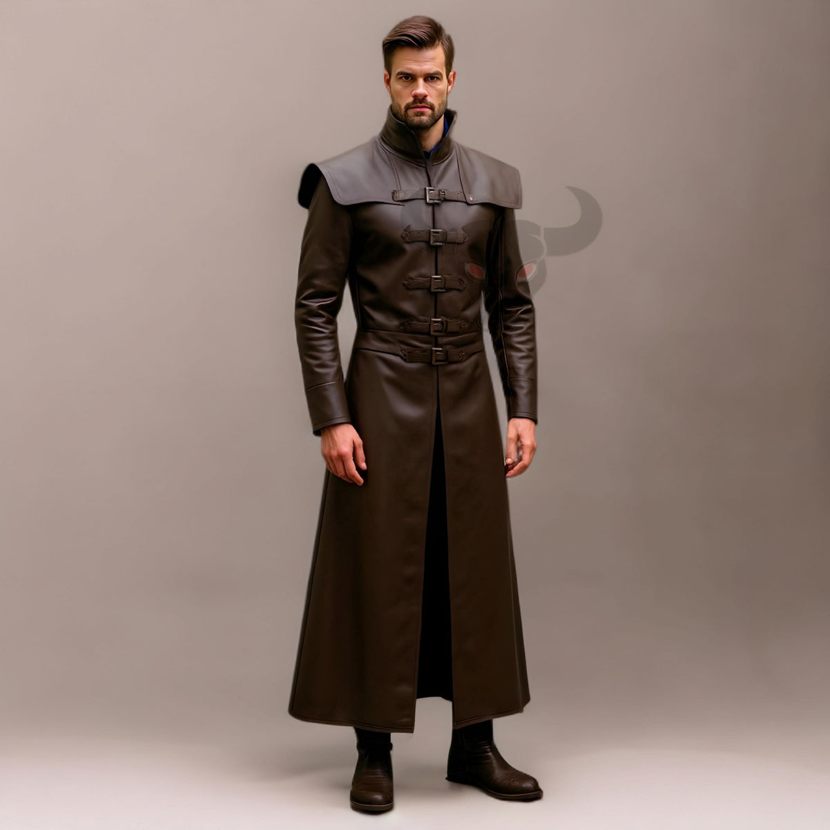 Men's Medieval Leather Long Coat Costume for Cosplay Fantasy LARP Halloween Ren Faire Knight