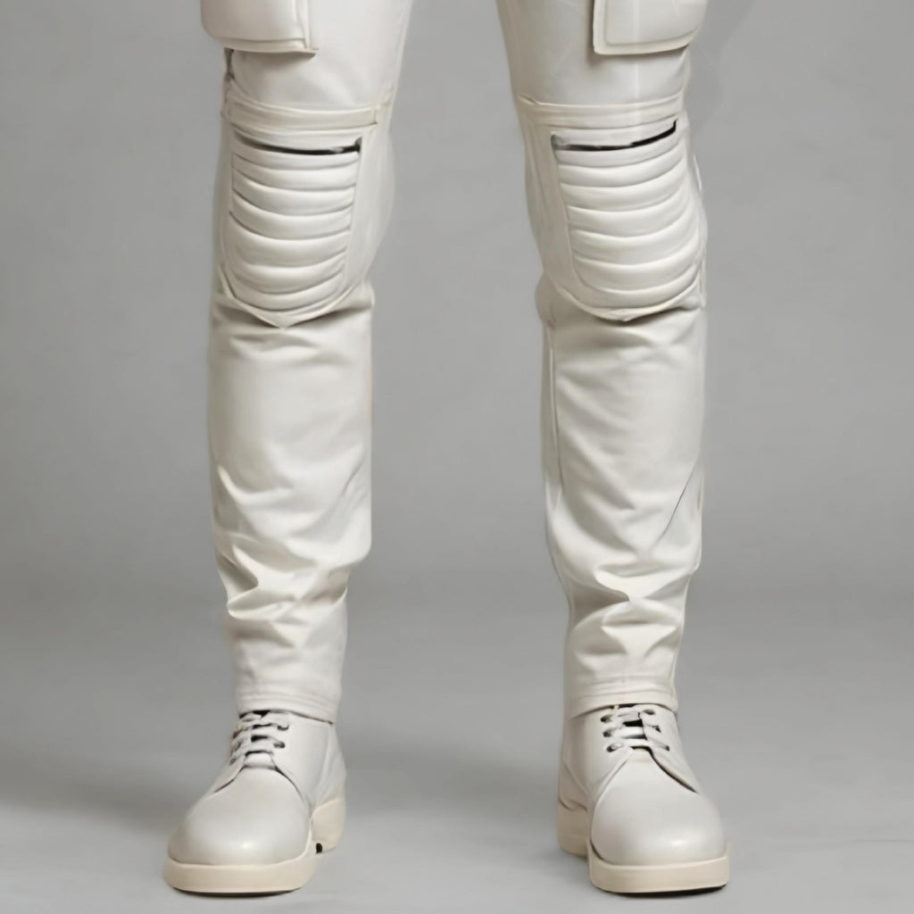 Men's White Leather Biker Pants with Cargo Pockets for Motorcycle Fashion Cosplay Streetwear Riders