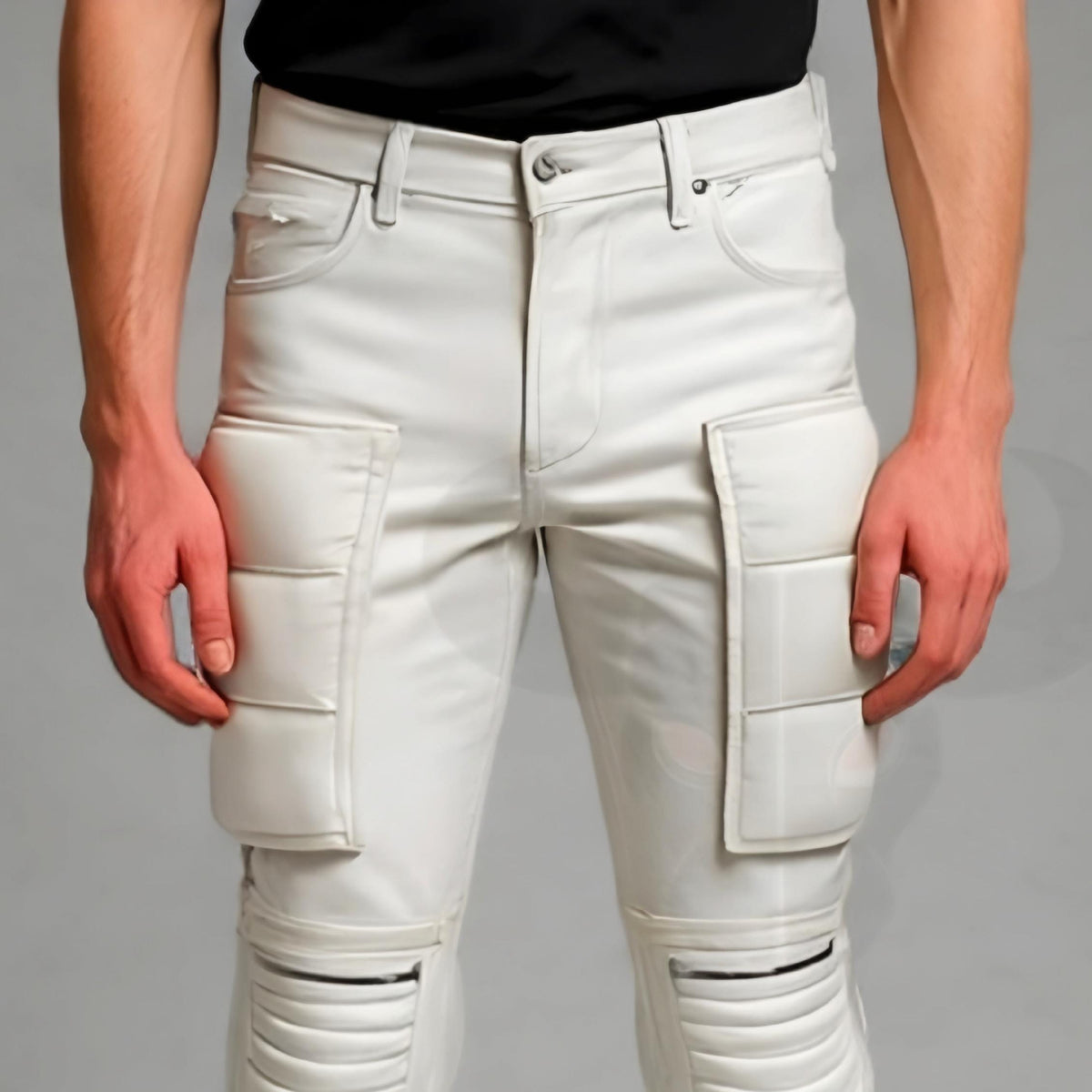 Men's White Leather Biker Pants with Cargo Pockets for Motorcycle Fashion Cosplay Streetwear Riders