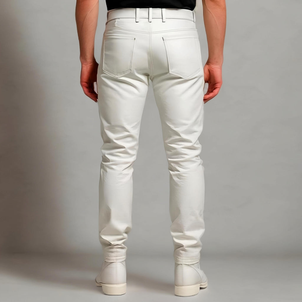 Men's White Leather Biker Pants with Cargo Pockets for Motorcycle Fashion Cosplay Streetwear Riders
