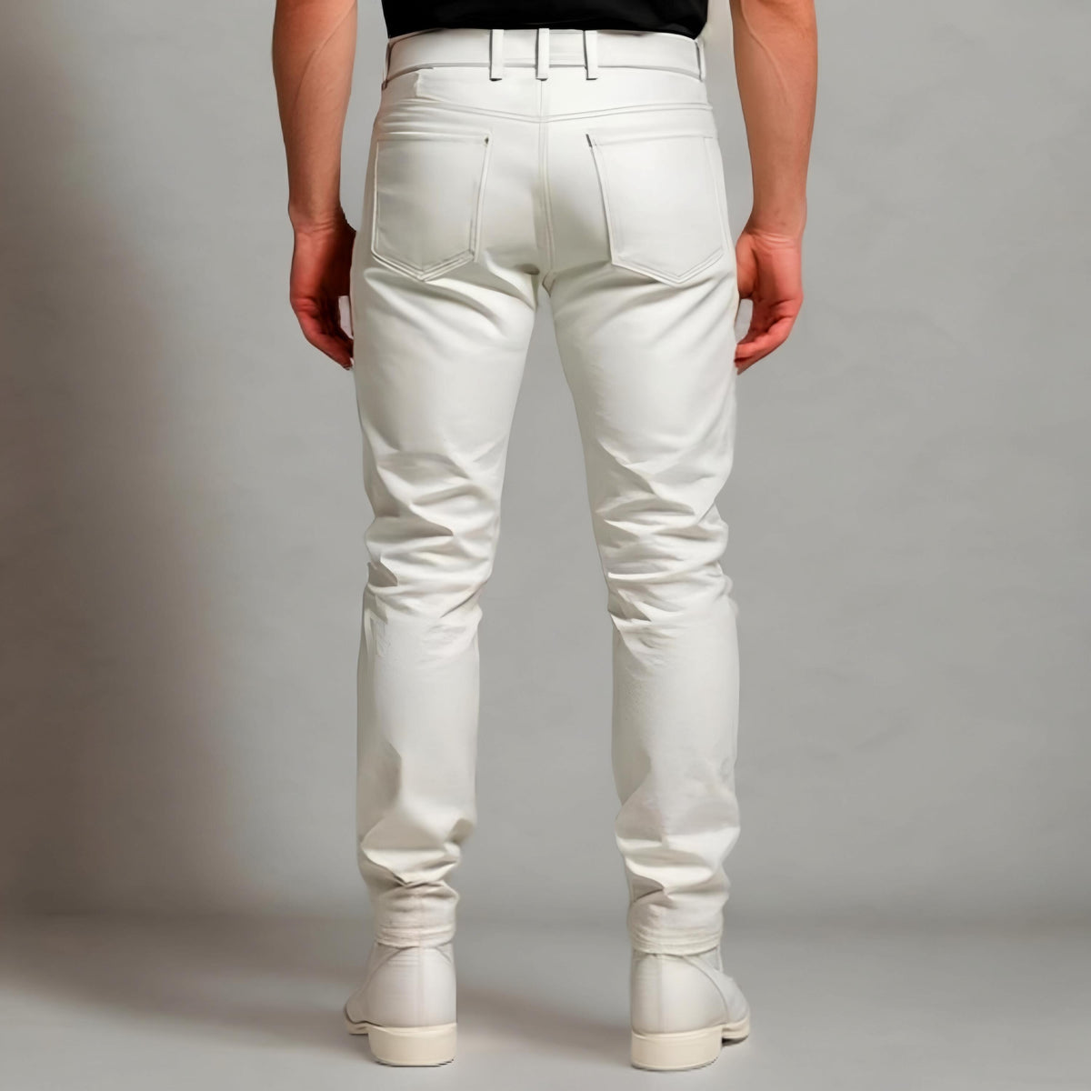 Men's White Leather Biker Pants with Cargo Pockets for Motorcycle Fashion Cosplay Streetwear Riders