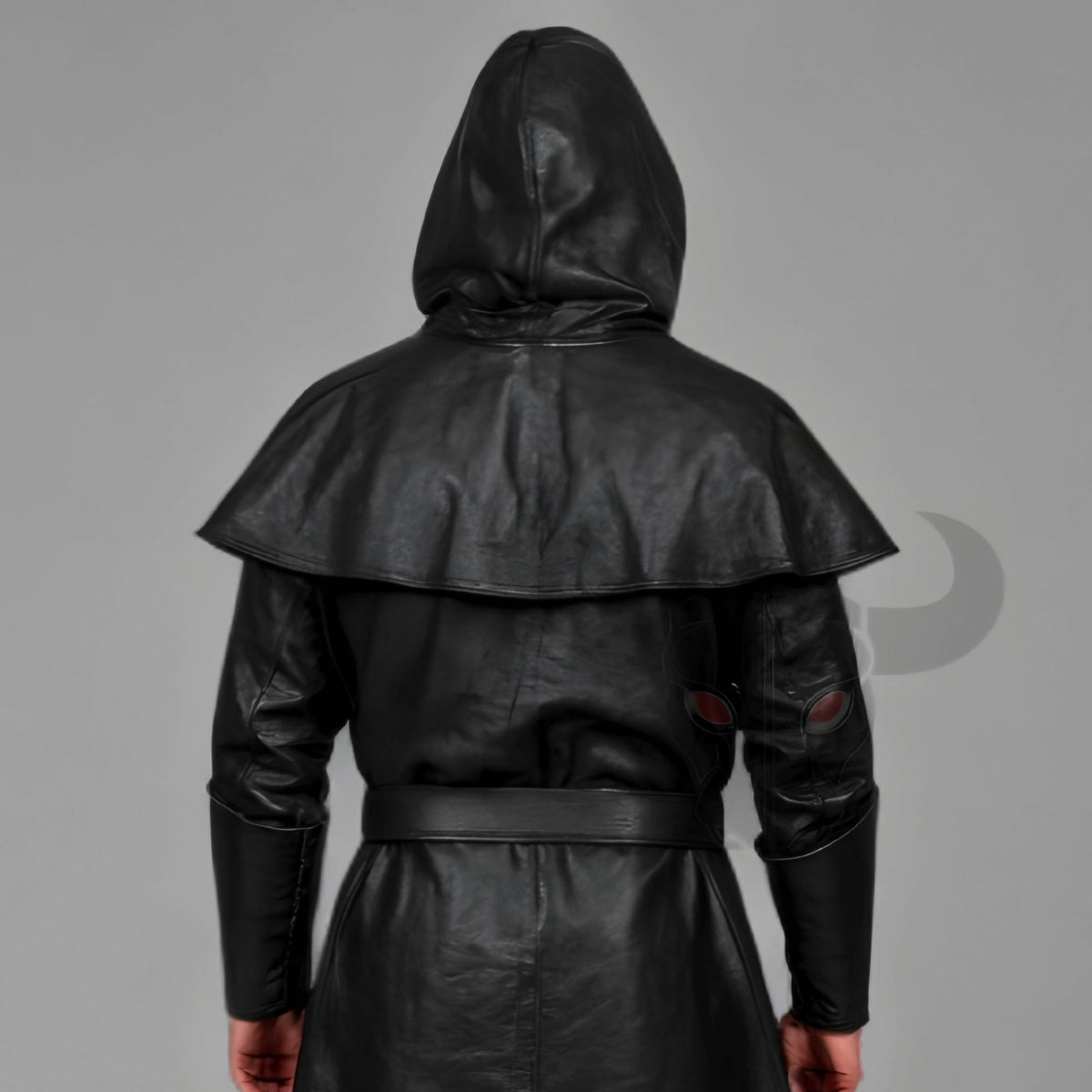 Men's Black Leather Hooded Tunic Cloak with Belt | Medieval Fantasy Cosplay Costume Outfit