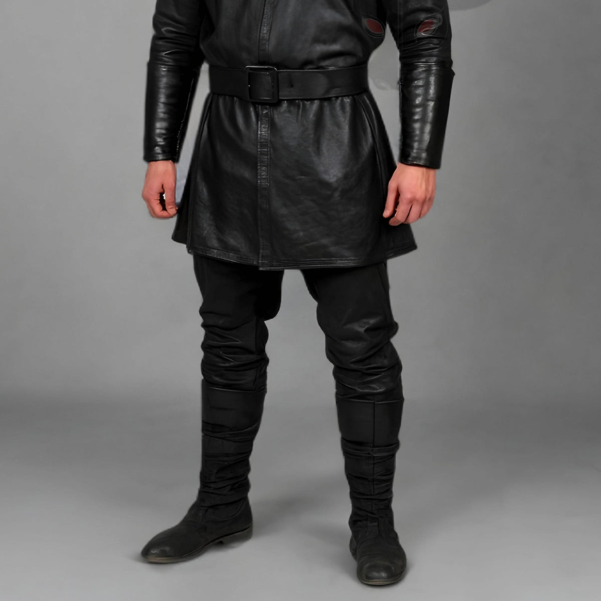Men's Black Leather Hooded Tunic Cloak with Belt | Medieval Fantasy Cosplay Costume Outfit