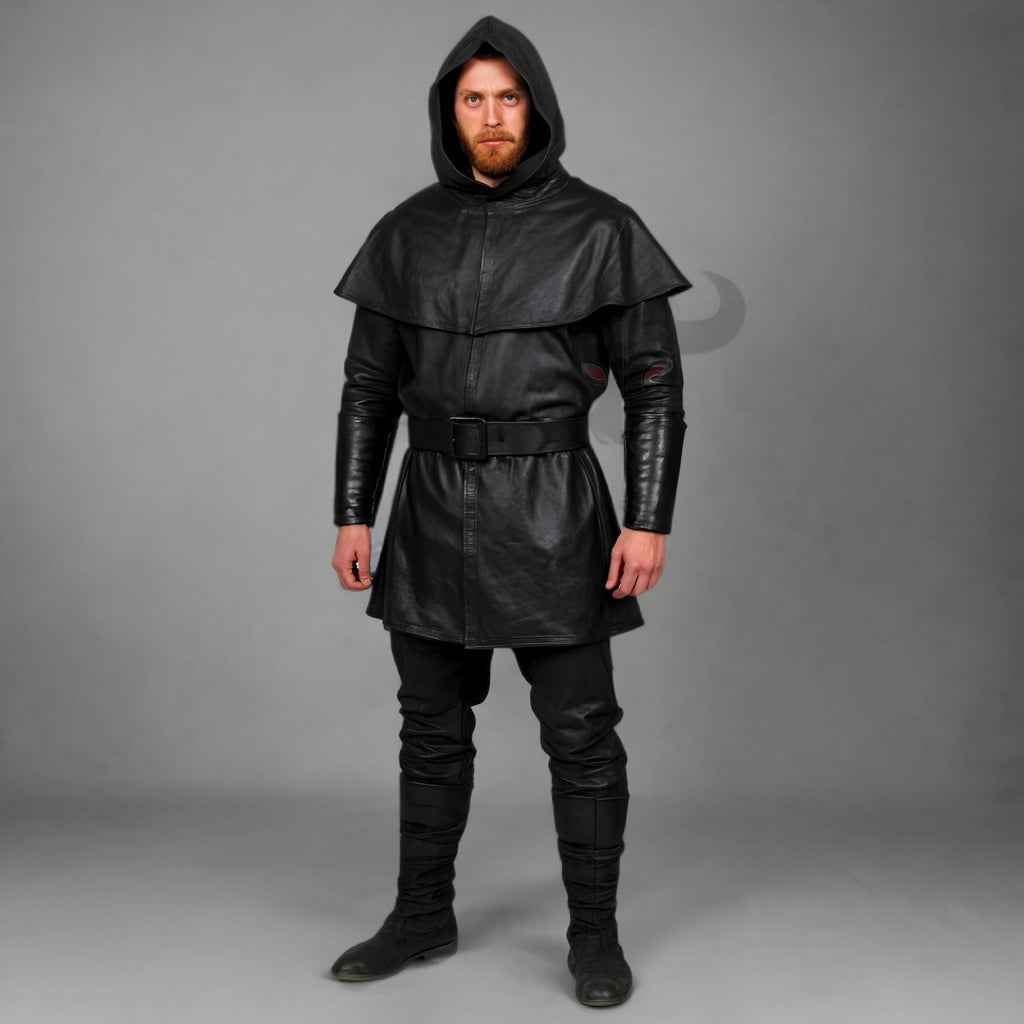 Men's Black Leather Hooded Tunic Cloak with Belt | Medieval Fantasy Cosplay Costume Outfit
