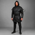 Men's Black Leather Hooded Tunic Cloak with Belt | Medieval Fantasy Cosplay Costume Outfit