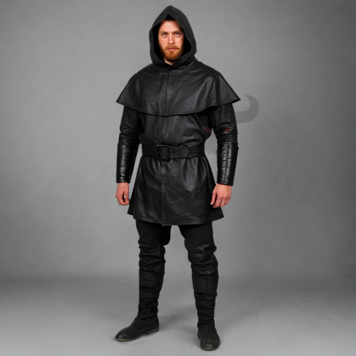 Men's Black Leather Hooded Tunic Cloak with Belt | Medieval Fantasy Cosplay Costume Outfit