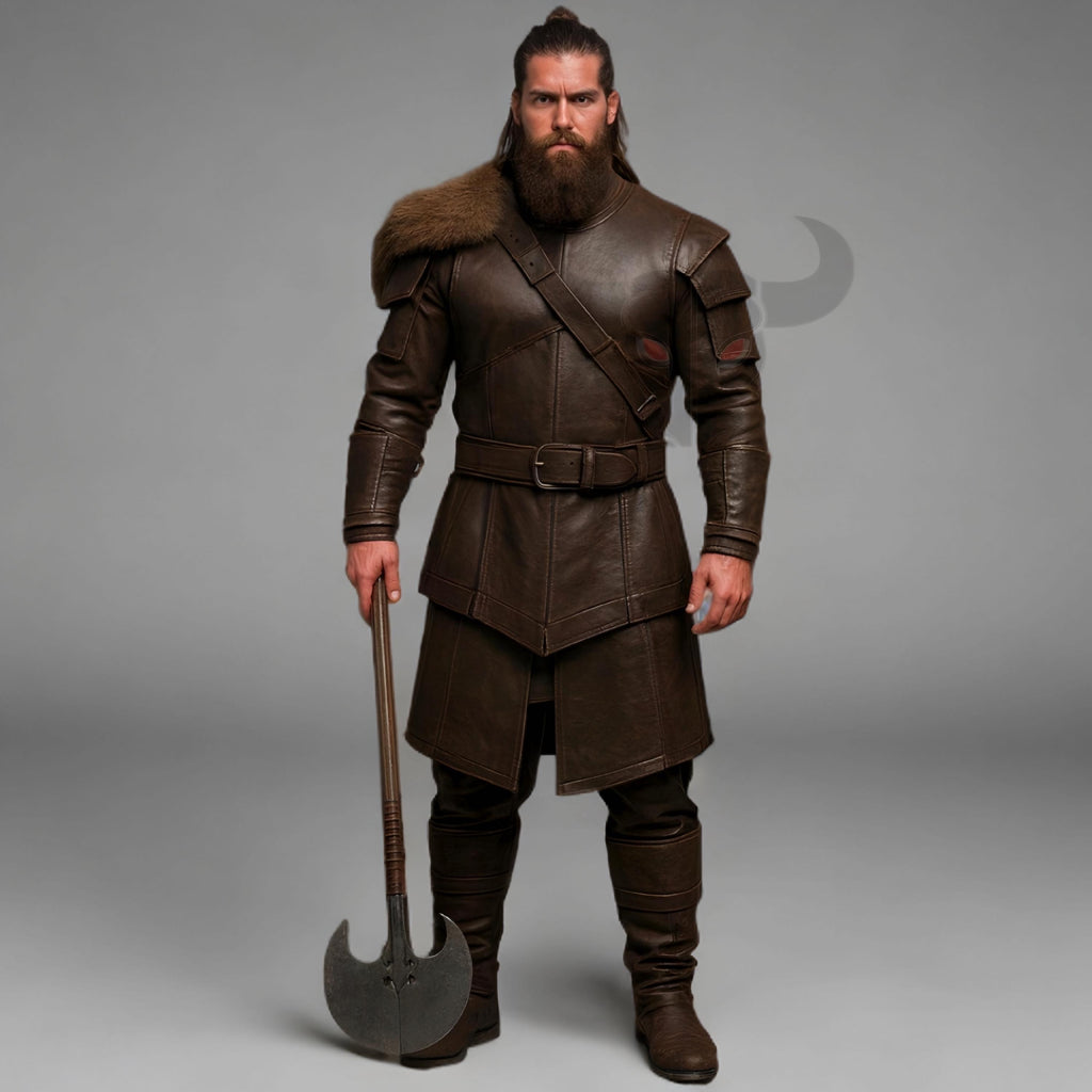 Men's Brown Leather Viking Armor Tunic with Fur Shoulder Medieval Warrior Cosplay Costume Outfit
