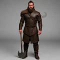 Men's Brown Leather Viking Armor Tunic with Fur Shoulder Medieval Warrior Cosplay Costume Outfit
