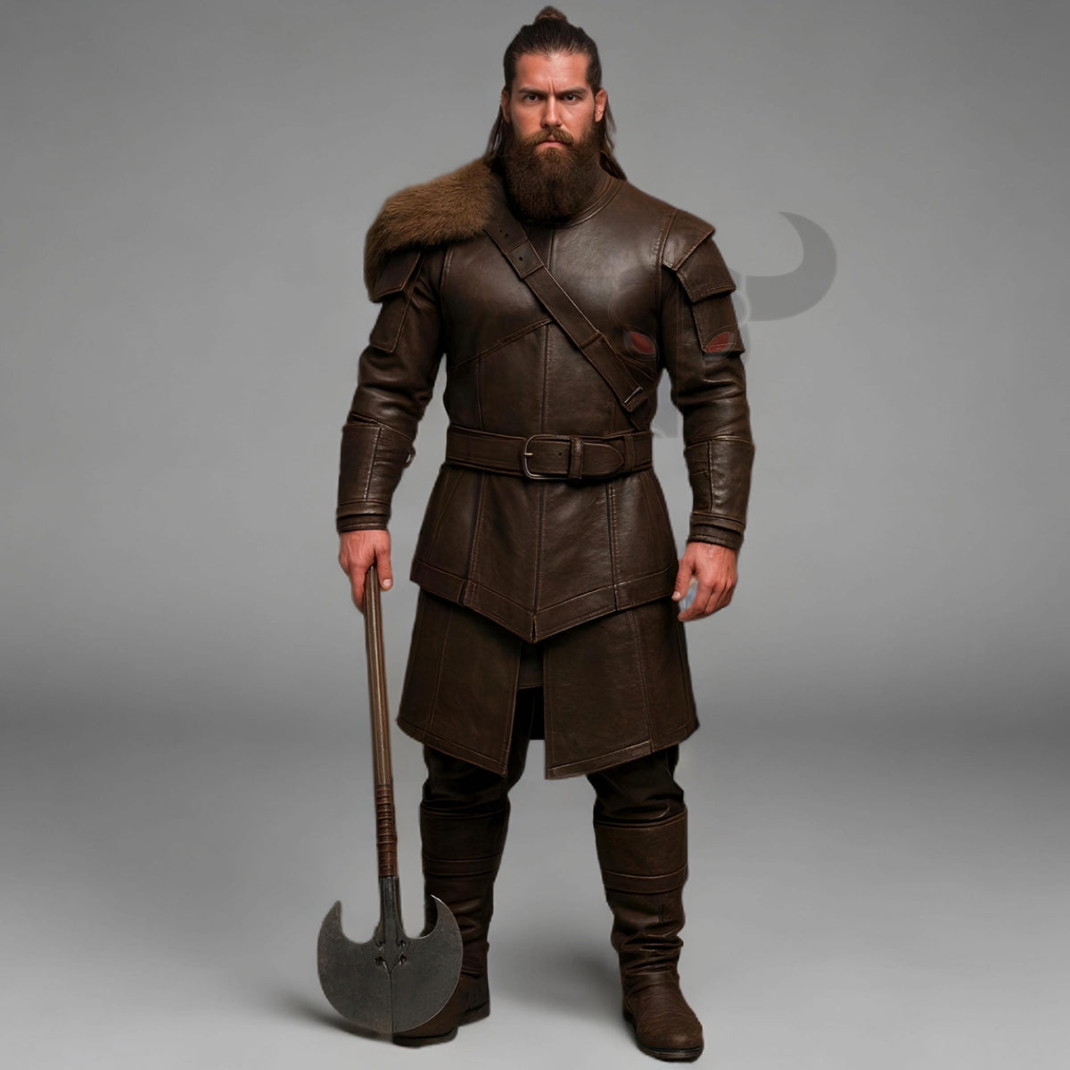 Men's Brown Leather Viking Armor Tunic with Fur Shoulder Medieval Warrior Cosplay Costume Outfit