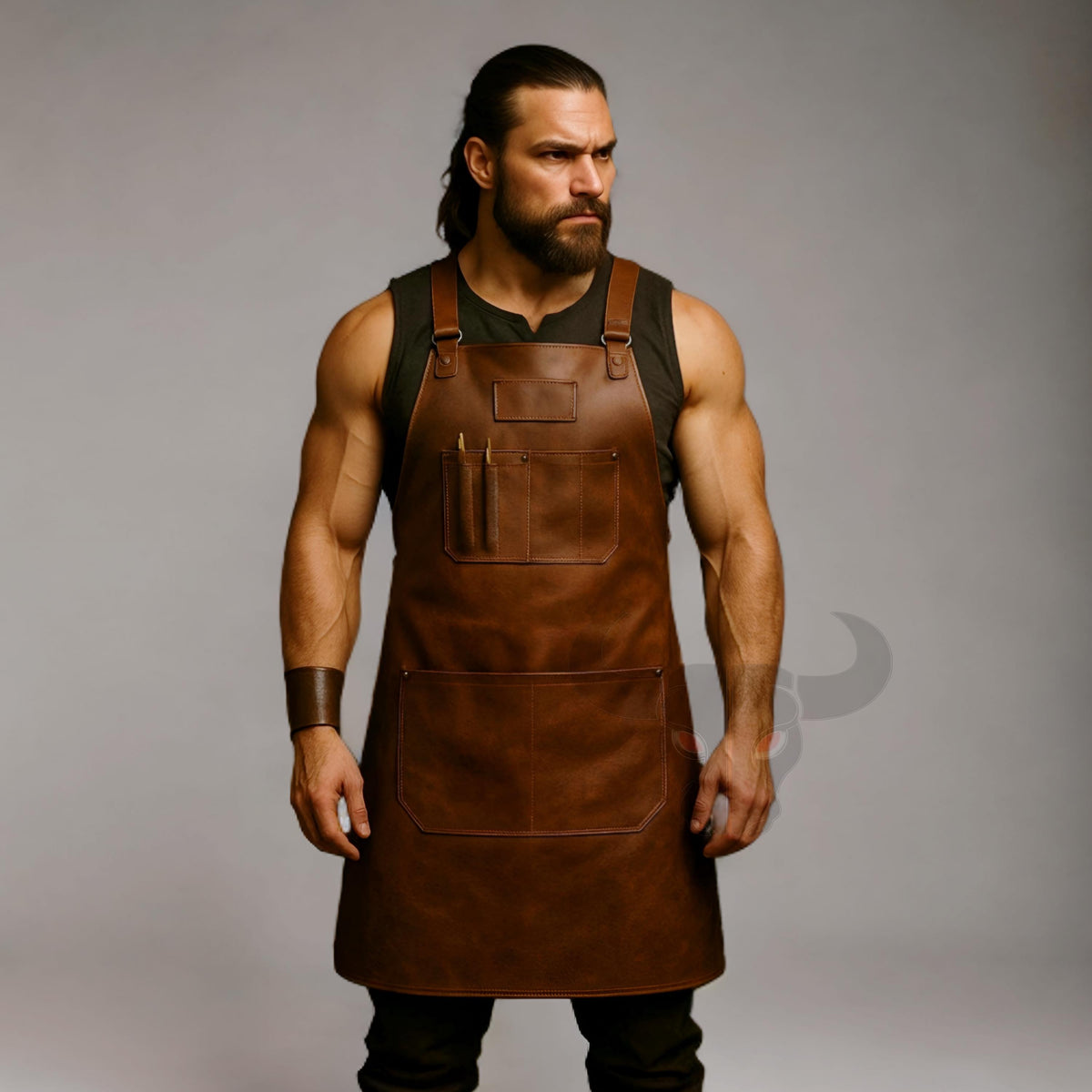 Handmade Brown Leather Apron Adjustable Heavy Duty Tool Apron for Chef Barista Workshop Durable