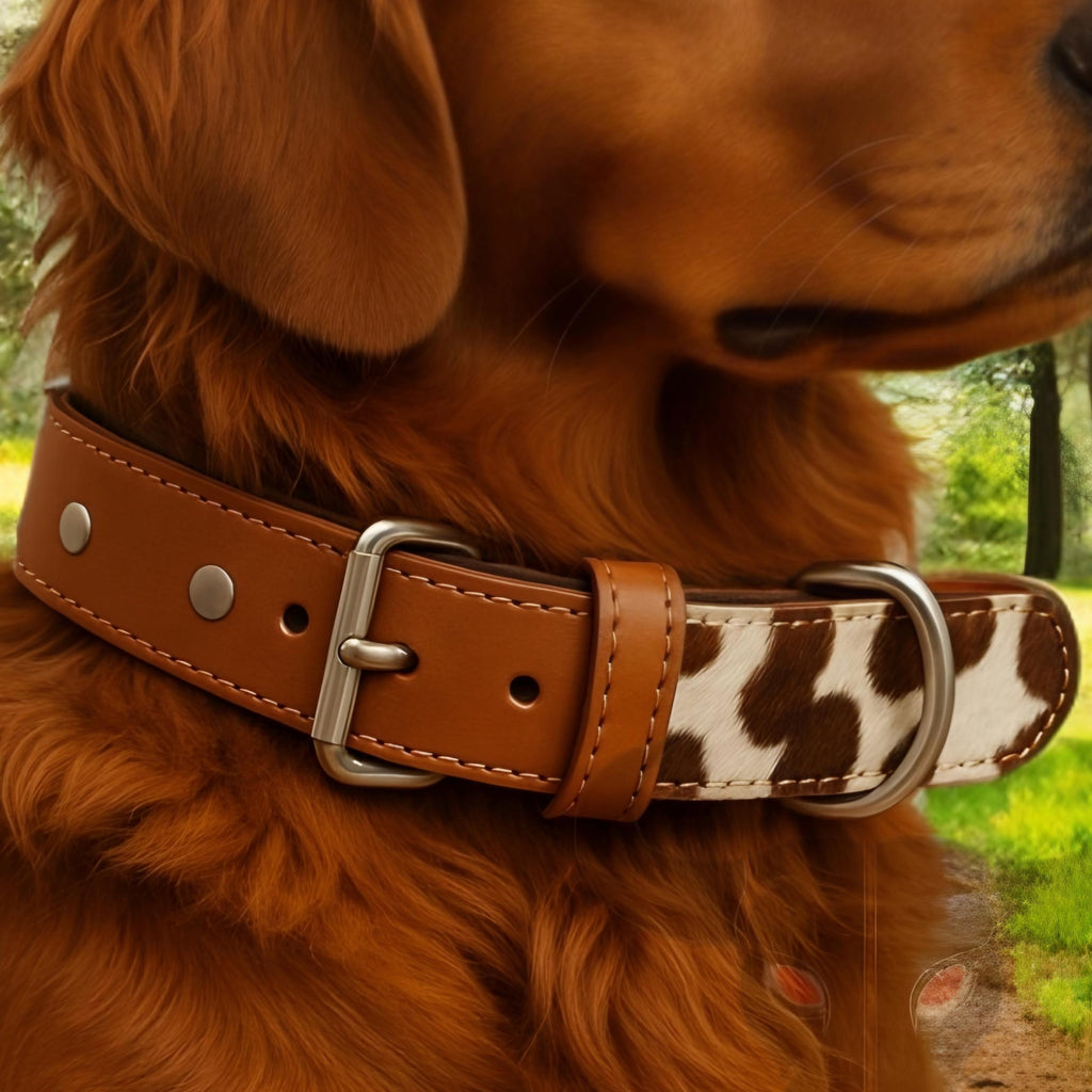 Handmade Leather Dog Collar with Cowhide Pattern Durable Adjustable Pet Collar for Large Dogs