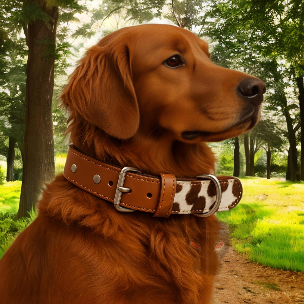 Handmade Leather Dog Collar with Cowhide Pattern Durable Adjustable Pet Collar for Large Dogs