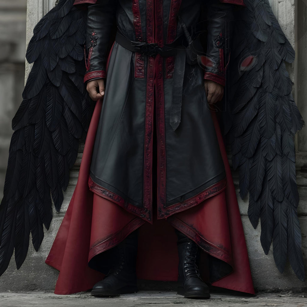Genuine Leather Hooded Cloak Black Red Gothic Medieval Cosplay Cape Vampire Wizard Costume Men