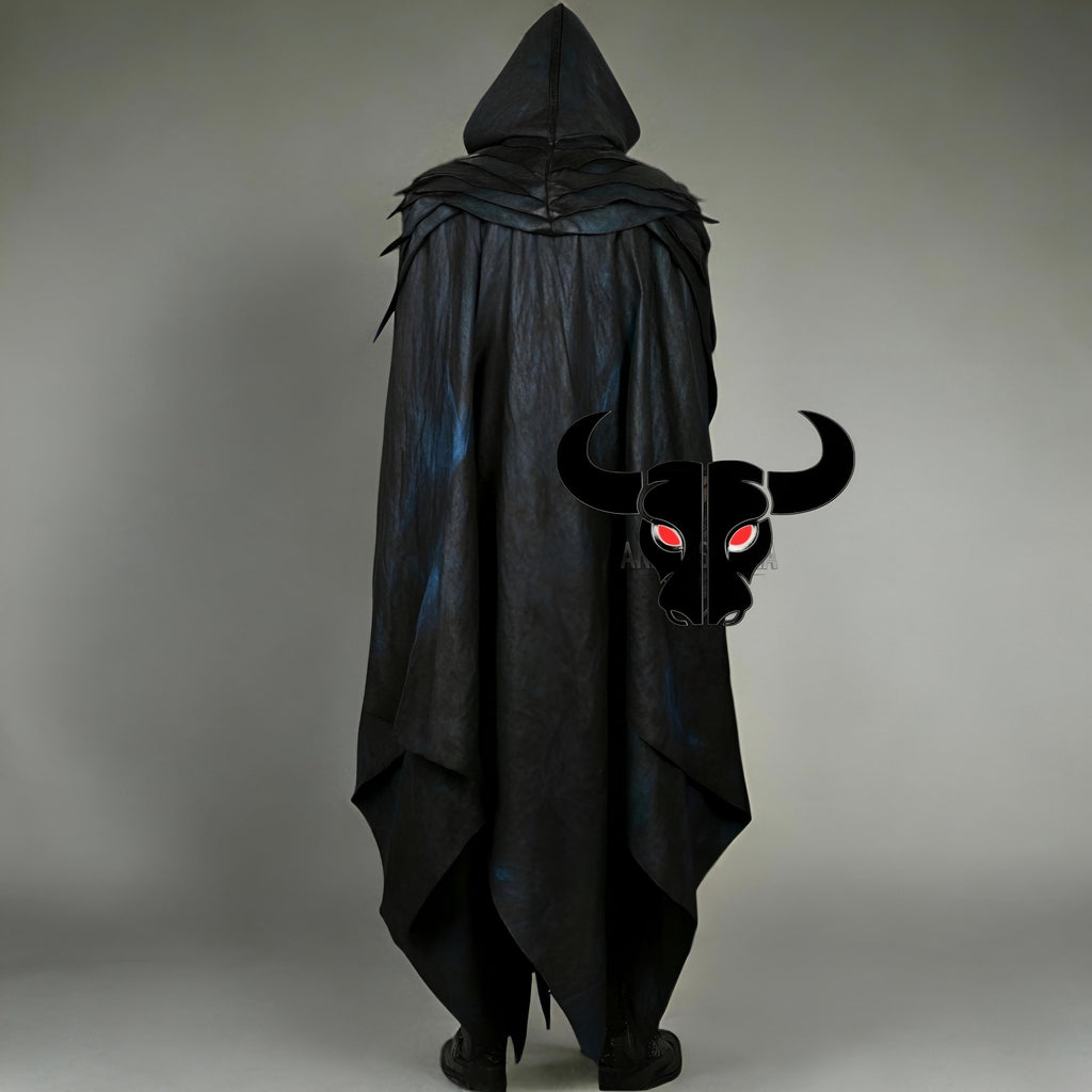 Dark Fantasy Real Leather Warrior Costume | Black Hooded Cloak & Blue Chest Armor