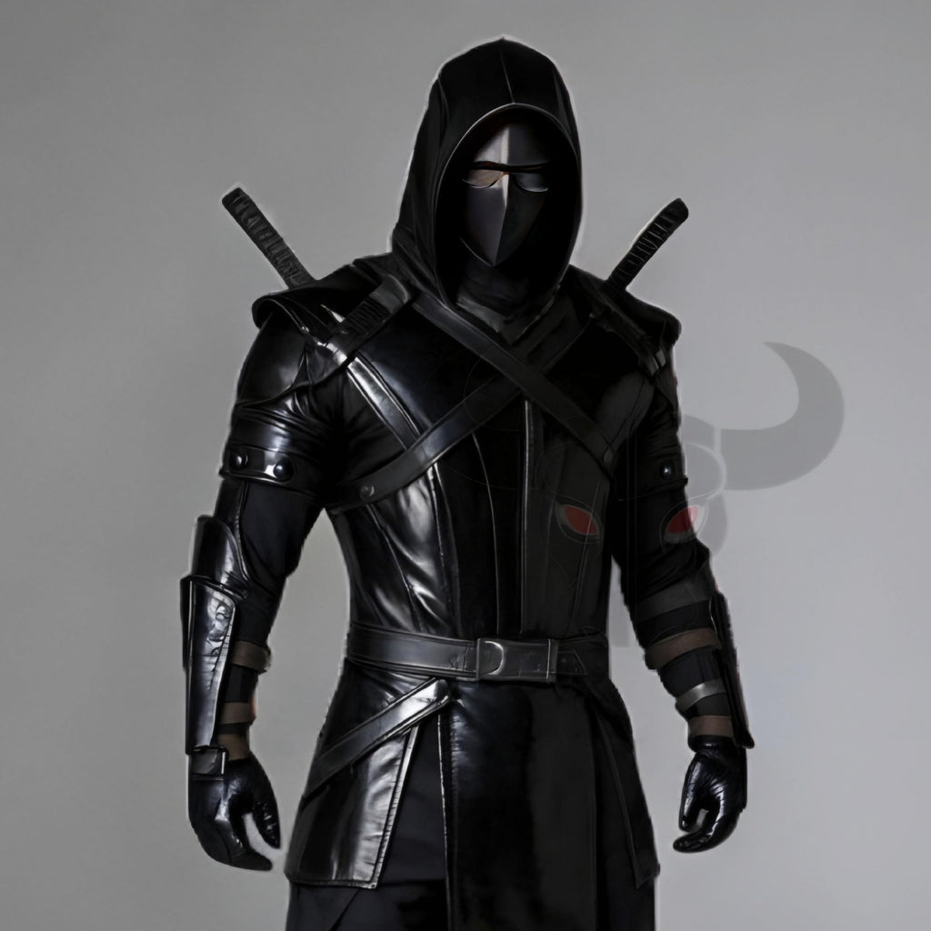 Black Leather Ninja Assassin Costume Hooded LARP Armor Samurai Warrior Cosplay Outfit Medieval