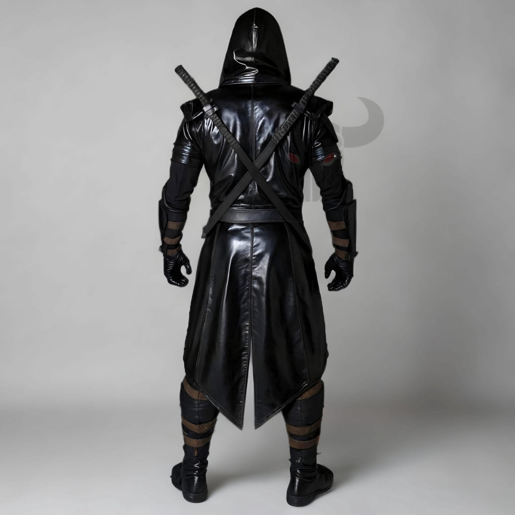 Black Leather Ninja Assassin Costume Hooded LARP Armor Samurai Warrior Cosplay Outfit Medieval
