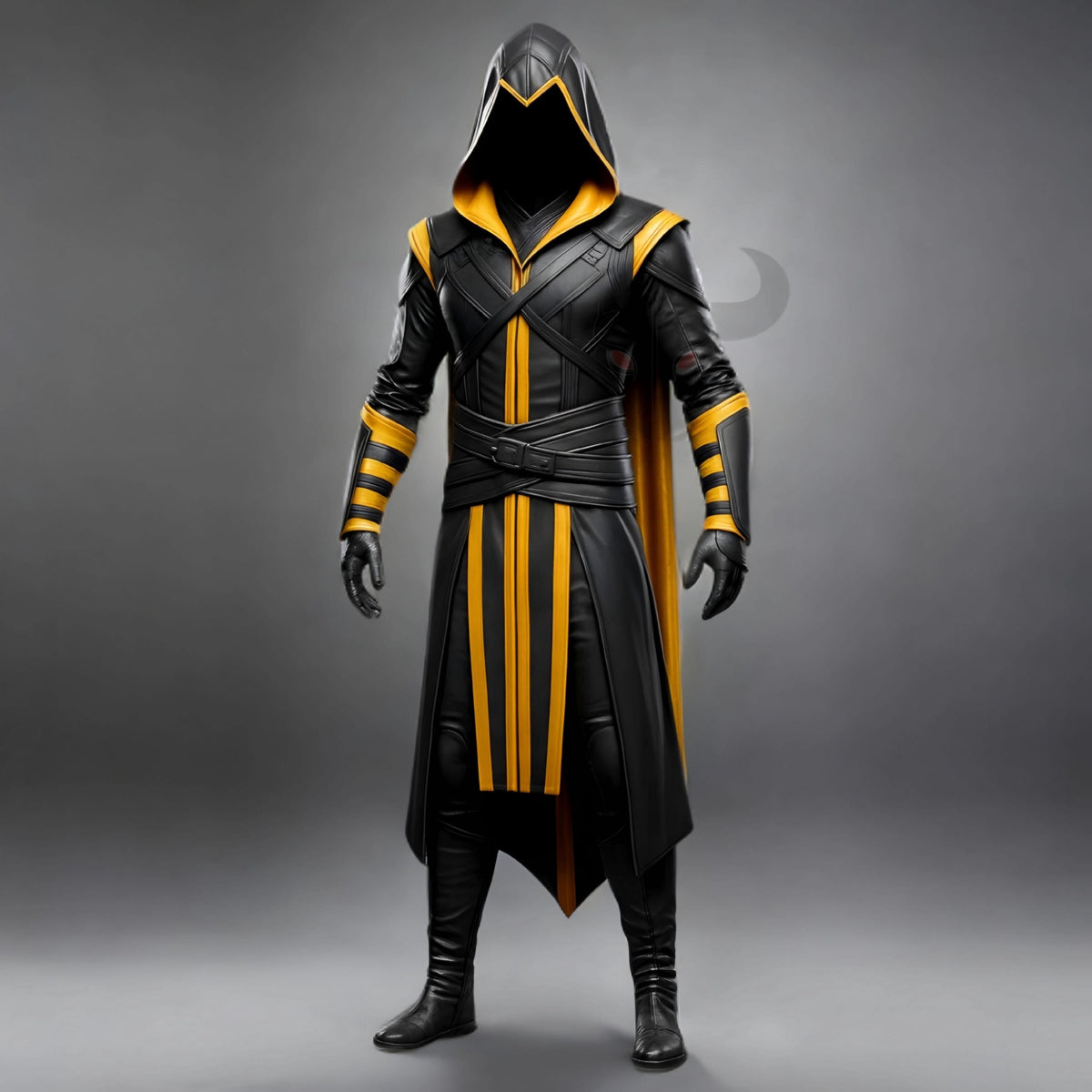 Black Yellow Hooded Leather Assassin Robe Costume LARP Medieval Cosplay Armor Outfit Fantasy Unisex
