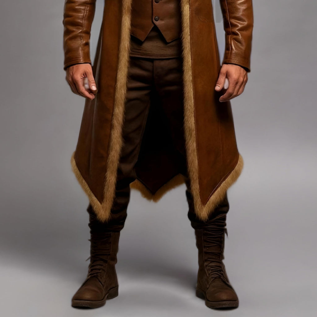 Men's Brown Leather Fur Collar Coat Viking Medieval Long Trench Winter Jacket Handmade Steampunk