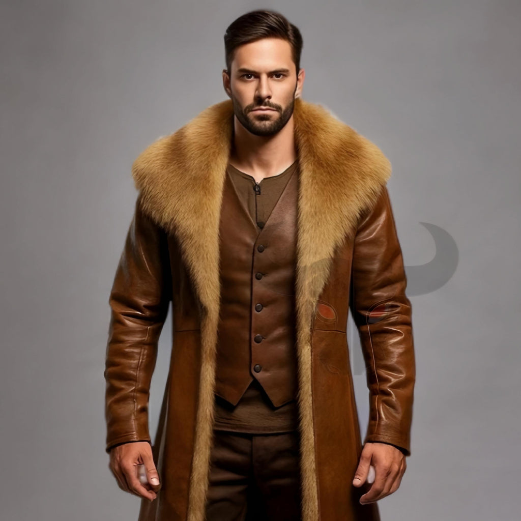 Men's Brown Leather Fur Collar Coat Viking Medieval Long Trench Winter Jacket Handmade Steampunk