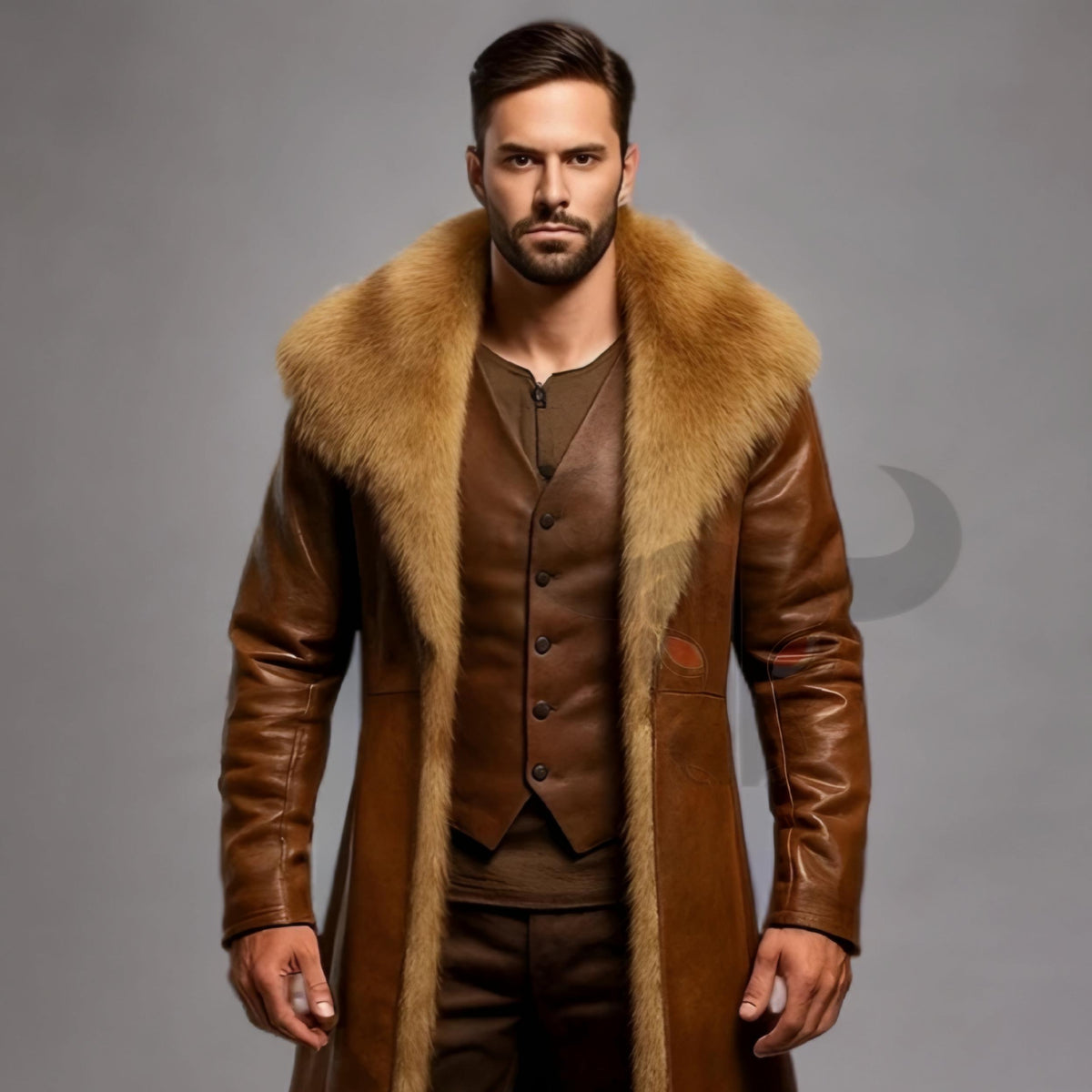 Men's Brown Leather Fur Collar Coat Viking Medieval Long Trench Winter Jacket Handmade Steampunk